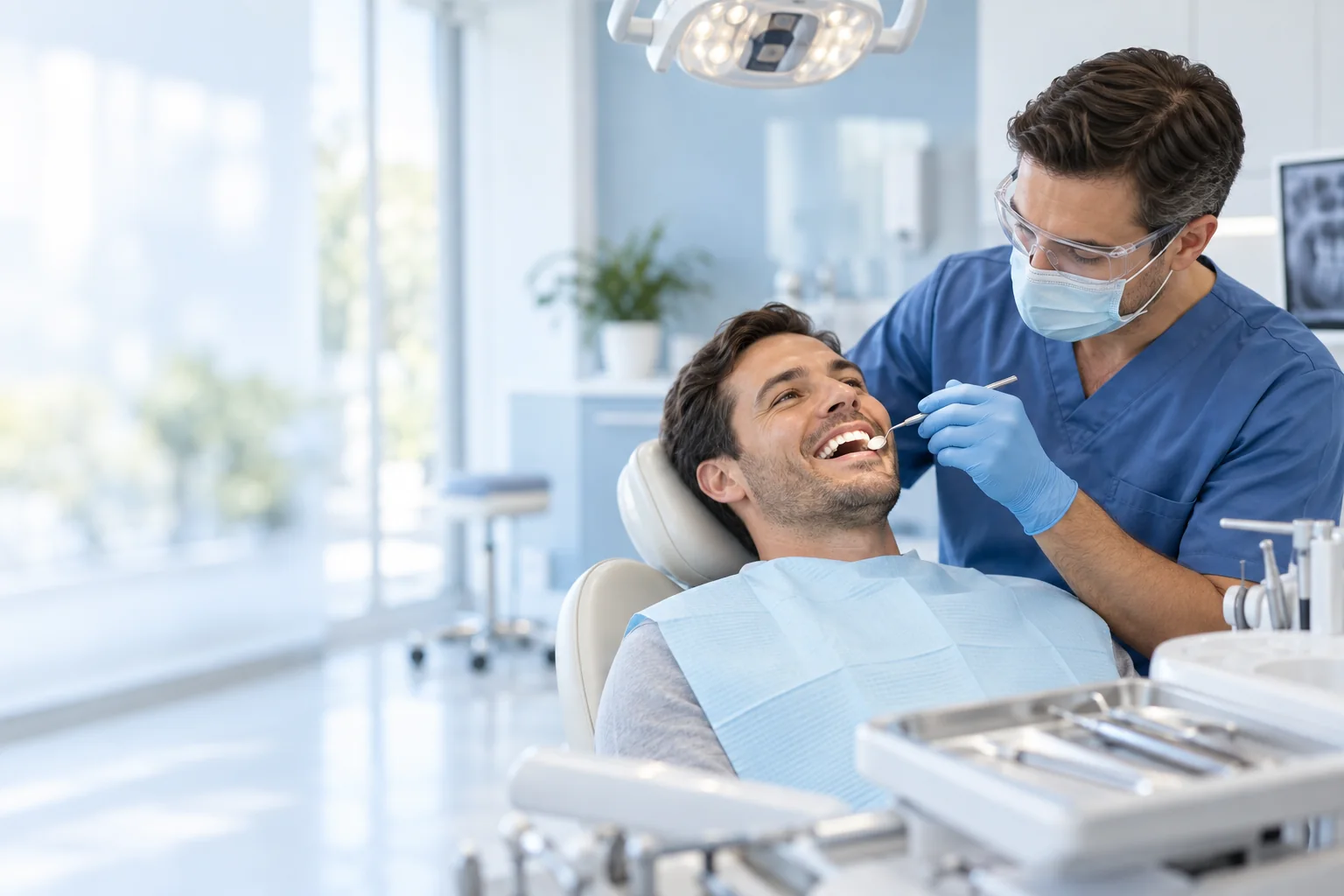 AI-created illustrative dental appointment with fictional people and facility; not our doctors, patients or office
